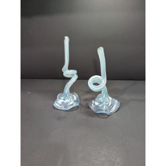 Art Glass Flower Set Of 2, Blue White Flecks, Curled Stem Decor, Glass Flower - Picture 2 of 8